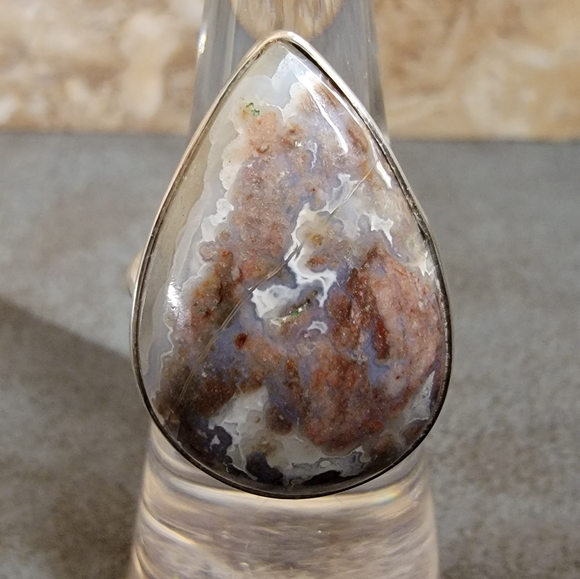 Vintage Jewelry - Native Mexican Crazy Agate Stone Sterling Silver Ring 8.25 Raw Gemstone Crystal